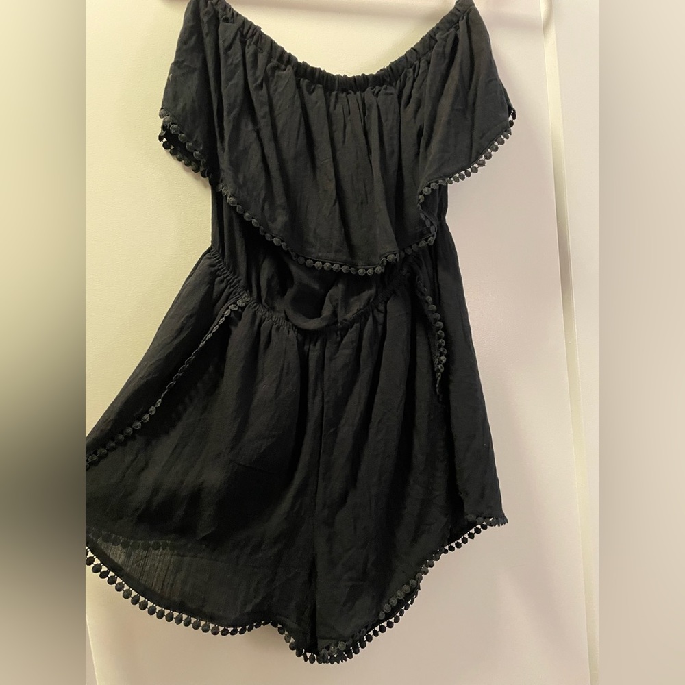 Black crochet strapless romper